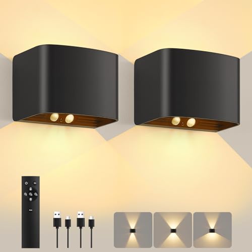 Akku Wandleuchte Innen mit Bewegungssensor, 3600ｍAh Wiederaufladbar Wandlampe mit Fernbedienung 3 Modi 3000K Warmweiss Helligkeit und Strahlform Einstellbar Wandlampen Batteriebetrieben, 2 Stück