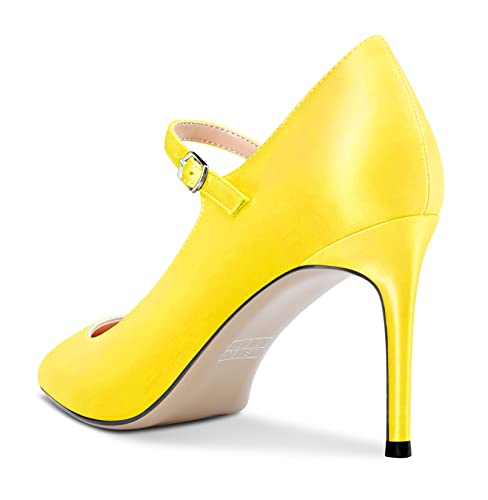 Aachcol Women Stiletto Mid High Heel Pumps Mary Jane Slip-on Pointed Toe Dress Shoes Office Party Wedding Satin 3 Inch3