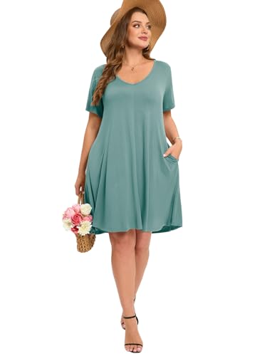 Image of ZENNILO Women's Plus Size Swing Dress with Pockets Casual Summer Dresses V Neck Short Sleeve T Shirt Dress for Women