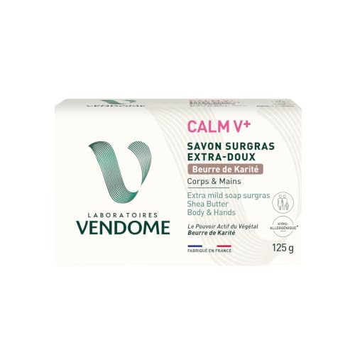 LABORATOIRES VENDÔME - CALM V+ - Savon Surgras Extra-Doux Beurre de Karité - Nettoie & Laisse la Peau Douce - Formule Hypoallergénique - Enrichi en Huile d'Olive - Tous Types de Peaux - 125g