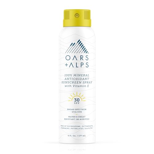 Oars + Alps SPF 30 Mineral Sunscreen Spray for Face & Body, Infused with Vitamin E & Antioxidants, Water & Sweat Resistant, All Skin Types, Lightweight, Hydrating, 6oz