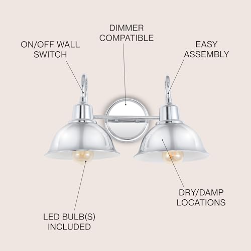 Image of JONATHAN Y 18 inch Chrome Farmhouse Industrial 1-Light LED Vanity Wall Sconce for Bathroom Mirror Kitchen, Metal Shade, Dimmable Vintage Lighting, LED Bulb Included (JYL7482A)