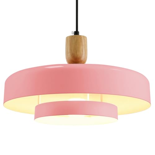 Image of Pink 2 Tier Saucer Hanging Pendant Lamp Adjustable Ceiling Fixture | Solid Wood Pendant Light, Gold Canopy, 150cm Adjustable Cord, E26, Fits Flat /Sloped /Arched Ceilings for Kitchen Island