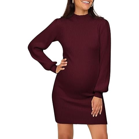 Lueluoye Maternity Clothes Fall Sweater Dress Long Puff Sleeve Bodycon Dress Knit Stretchable Elasticity Slim Fit Winter Dress for Baby Shower Wine Red L Cover