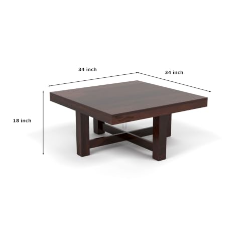 Image of ONIJA Solid Sheesham Wood Coffee Table with 4 Stools | Rosewood Centre Table with Cushioned Stool for Living Room (Urban, Walnut Finish)