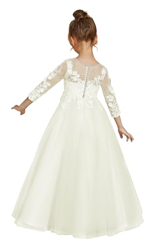 Lace Tulle Flower Girl Long Dress for Wedding O-Neck Princess Dresses Long Sleeve Pageant Party Gown