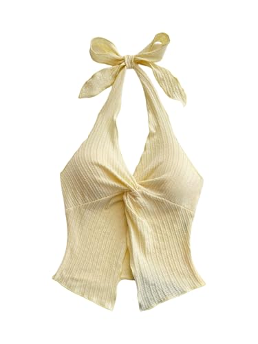 MakeMeChic Women's Backless Halter Top Twist Deep V Neck Sexy Cute Summer Tank Top
