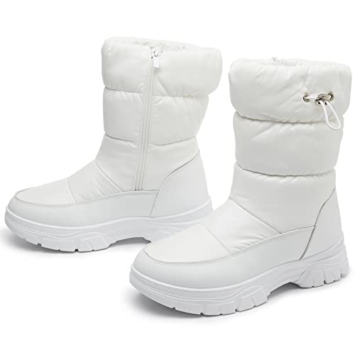 Womens Winter Boots Snow Boots For Women Black Mid Calf Platform Boots Warm Fur Fashion Slip On Boots(White,US9)