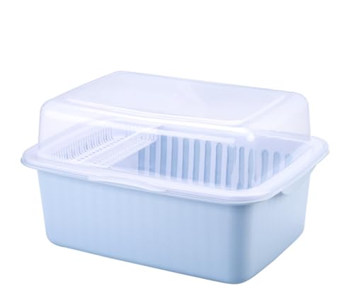 Catonlifer 水切りバスケット ラック付き 透明蓋付き 食器ドレンバスケット タテ置き 防塵 防虫 水切りカゴ お茶碗収納ボックス ディッシュ収納 食器棚 机上食器収納 (45*36*27CM,ブルー)