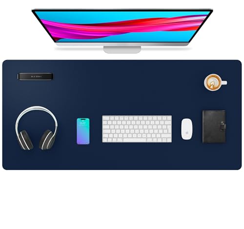 Image of Aothia Leather Desk Pad Protector, Mouse Pad,Office Desk Mat, Non-Slip PU Leather Desk Blotter, Laptop Desk Pad, Waterproof Desk Writing Pad for Office and Home (Dark Blue,36 inch x 17 inch)