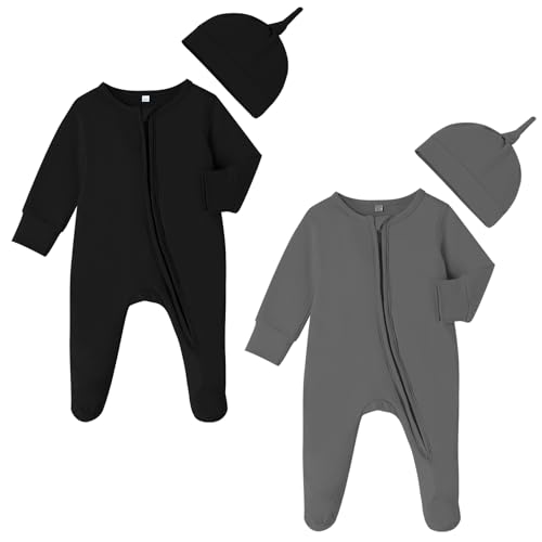 Image of DREAM BUS 2 Pack Newborn One-piece Zipped Romper with Beanie Hats Baby Boy Long Sleeve Footie Infant Cotton Jumpsuit