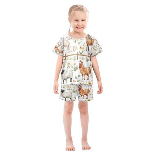 Pajama Sets Short Sleeve Farm Animals with Flowers Soft Cotton Summer Sleepwear 2 Piece PJS Size 5-14T4