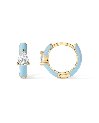 PAVOI 14K Gold Plated Sterling Silver Post Earrings for Women - Colored Enamel Cubic Zirconia Huggie Hoop Earrings - Blue Pink Purple White Jewelry