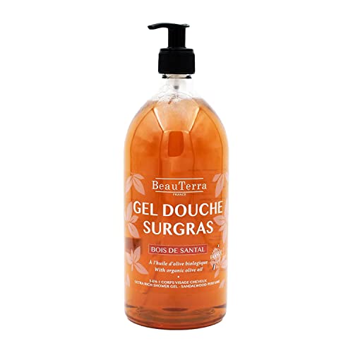 BeauTerra - Gel Douche Surgras 1L - Pour Peaux Sensibles - Sans Savon - Corps et Cheveux - Parfum Bois de Santal - à l'Huile d'Olive Bio - 100% Fabriqué en France Cover