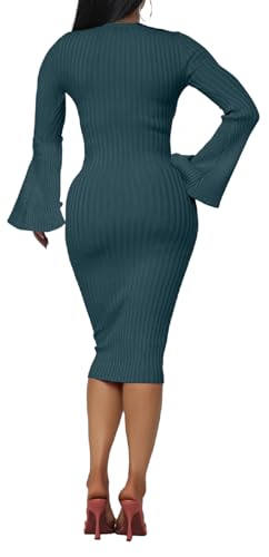 Image of Oxgmoky Women's Church Long Sleeve Sweater Dress Ribbed Bodycon Midi Work | Soft ribbed knit bodycon midi sweater dress with sleeveless cut and round neck for church, work and dinners
