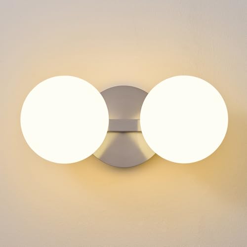 Image of Nickel Globe Wall Sconce,Vanities Lights with 2 Milk Glass Shades. | 6 inch Modern Spherical Vanity Sconces,Contemporary Small Brass Ball Lights Fixture for Entryway Bedside Bathroom,E26 Base