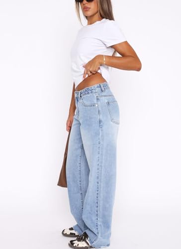 Women's Wide Straight Leg Jeans Mid Low Waist Baggy Frayed Raw Hem Loose Boyfriends Denim Pants Casual Trousers3