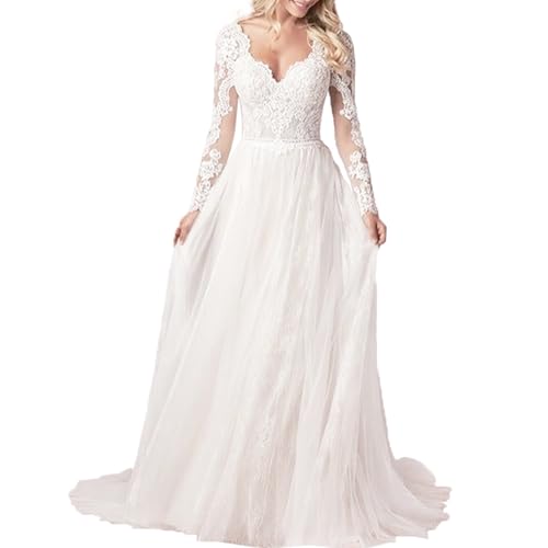 Chaoyilian Vestidos De Novia para Novias,Vestido de Novia de Manga Larga,Vestido de Novia de Encaje de Tul,Vestido de Novia de Manga Larga con Cuello en V,para Banquetes,compromisos,Fiestas