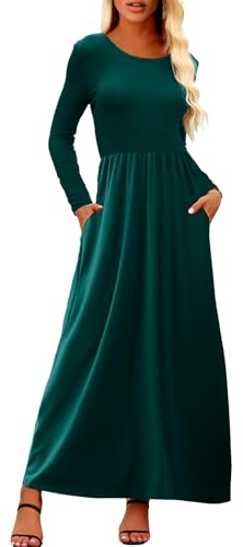 Supnier Women Long Sleeve Maxi Dress Plain Casual Loose Crewneck Floral Empire Waist Long Dress with Pockets