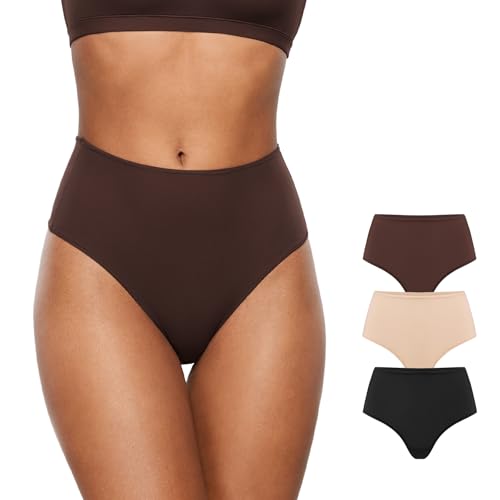 INLYRIC Women's Inbarely Soft Thong - High Waisted Tagless Smooth Stretch Underwear Ultra-soft No Show Ladies Panties 3 Pack