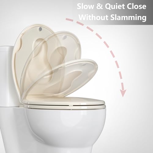 Round Toilet Seat with Built-in Toddler Seat for Easy Potty Training – Slow Close Feature,Easy Install and Clean, Perfect for Both Adults and Children,Almond