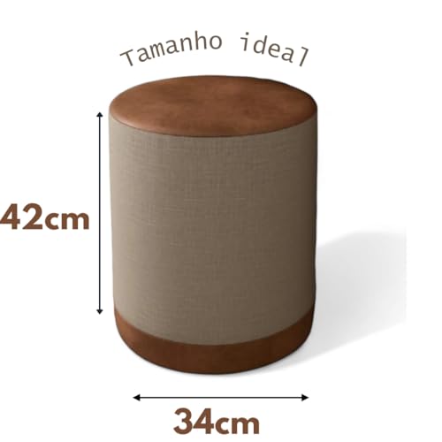KIT 2 PUFF Closet Penteadeira Banqueta Redonda LINHO BEGE ASSENTO EM COURO CARAMELO 42cm x 34cm.DAKO