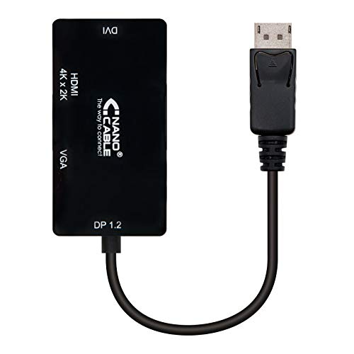 NANOCABLE 10.16.3301 BK   Adaptador conversor 3 en 1 de DisplayPort a VGA/DVI/HDMI, (DP1.2/M VGA/H DVI/H HDMI/H) HDMI 4K, Color Negro