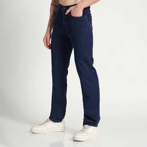 Image of Cotton Comfort Fit Jeans for Men | Full-Length Solid Denim Pants with Button Closure, Embroidered Design, Mid-Rise Casual Trousers for Daily | Classic Jeans for Office Bottoms (DI-249)