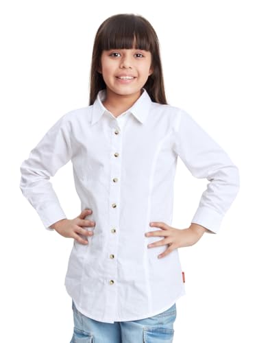 Image of olele Girls Full Sleeve Ruffles Cotton Linen Shirt - White for 4 to 14 Years | Kids Girl White Shirt | White Ruffle Shirt for Girls | Shirt Jeans