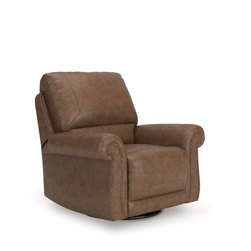 Image of Signature Design by Ashley Chatterton Swivel Glider Recliner, Earth Brown Faux Leather Traditional Rocking Chair with Nailhead Trim for Living Room and Nursery, 42 inch W, No Assembly Required