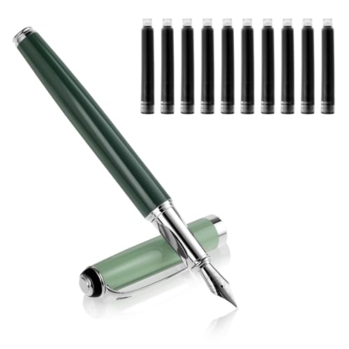 Cobee Penne stilografiche in metallo con 10 cartucce di inchiostro nero, pennino fine da 0,5 mm, scrittura scorrevole, penna calligrafica di lusso, per ufficio e scuola, idea regalo (verde)