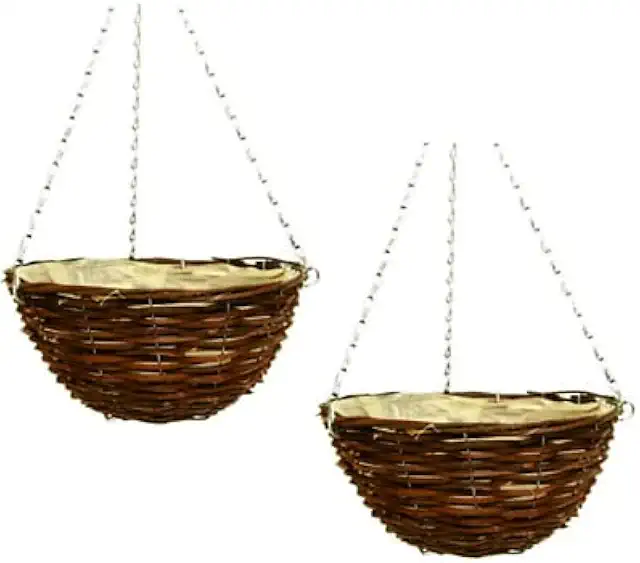 Set of 2 Dark Brown Wicker Hanging Basket Planters, 30cm Weatherproof