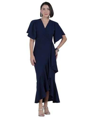 Image of Selvia Wine Flutter Sleeve Bodycon Midi Dress for Women, V-Neck Ruffle Hem Outfit