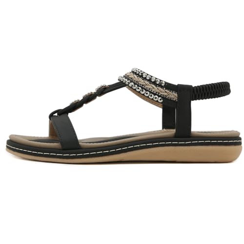 Women's T-Strap Rhinestone Flat Sandals Comfortable Open Toe Elastic Ankle Strap Slip On Walking Sandals Summer Fashion Bohemian Beach Shoes2