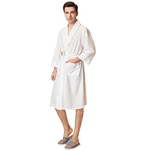 GHYUBYER Men's Luxurious Kimono Robe Ice Silk Lightweight Spa Robe, Long Soft Shawl Hotel Bathrobe (Color : White, Size : XXX-Large)