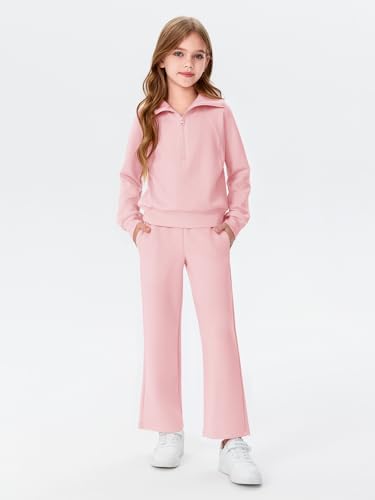 Image of Haloumoning Girls 2 Piece Outfits Sweatsuit Half Zip Long Sleeve Sweatshirts Sweatpants Tracksuit Sets 5-14 years