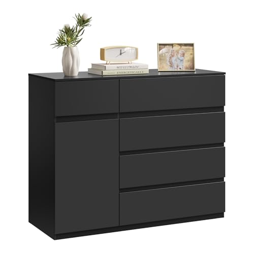 WOLTU Commode Chambre, avec 5 Tiroirs et 1 Placard, Meuble de Rangement, Étagère Réglable, Style Moderne, pour Salon, Entrée, Chambre à Coucher, en Bois...