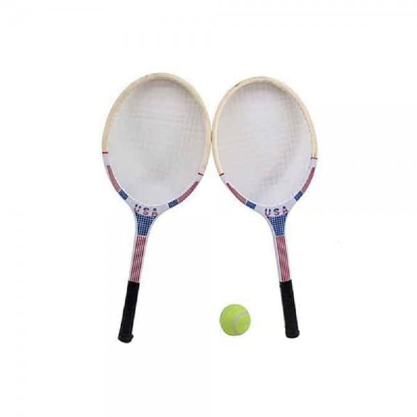 Pratico ed utile Trade Shop - Set 2 Racchette da Tennis Legno USA Bandiera Americana con Pallina Verde 61 CM -