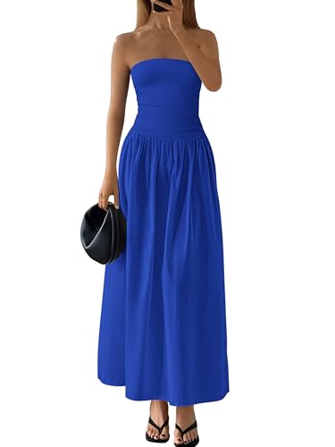 PRETTYGARDEN Women 2025 Summer Elegant Strapless Maxi Dress Tube Top Dress A Line Flowy Long Wedding Party Cocktail Dresses(Royal Blue,Small)