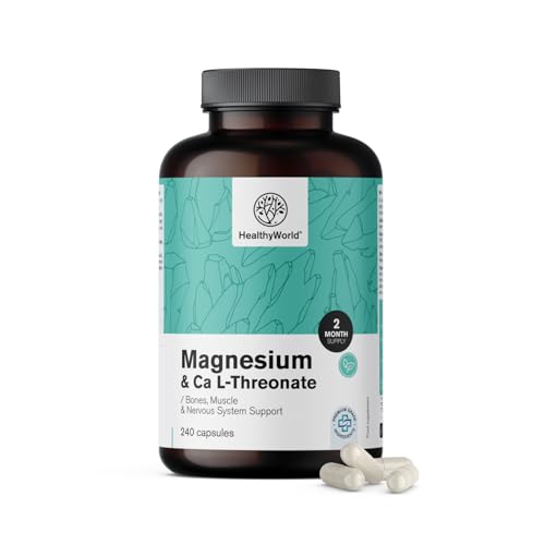 HealthyWorld Magnesium + Calcium L-Treonat 240 Kapseln Magnesiumcitrat & Bisglycinat Schnelle Absorption 2 Schlüsselmineralien Unterstützung für Muskeln Knochen und Nervensystem