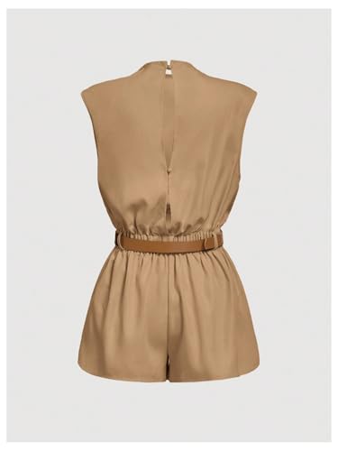 Image of SOLY HUX Women's Summer Ruched Mock Neck Romper Elegant Cap Sleeve Belted Work Short Jumpsuits