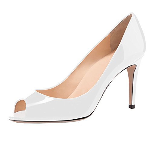 YODEKS Women's Peep Toe High Heel Pumps 8CM Patent Leather Heeled Wedding Office Dress Shoes