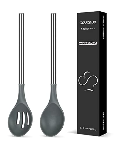 2 Pcs Silicone Cooking Spoons, Solid and Slotted Spoon Set, Non-Stick BPA Free Heat-Resistant Basting Stainless Steel Handle Kitchenware for Cooking, Soup, Serving, Draining, Stirring (Grey)
