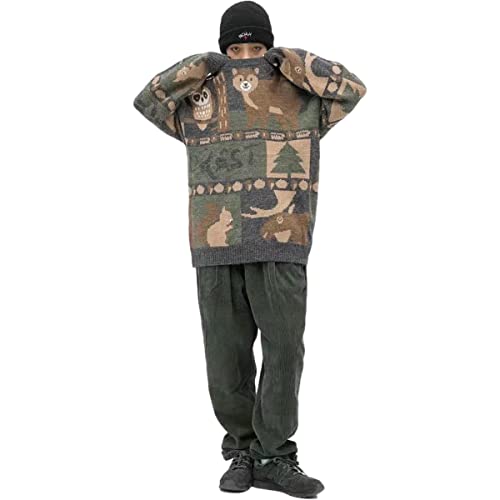 Kclot Mens Womens Varsity Long Sleeve Knitted Cardigan Sweaters Cute Bear Sweater Animal Graphic Oversize Round Neck Pullover Jumper (L, Vintage Animal Pattern #Grey) #TOP5