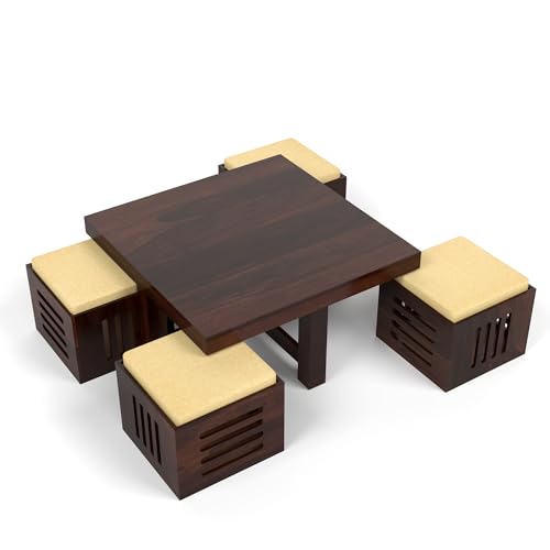 Image of Solid Sheesham Wood Coffee Table with 4 Stool | Center Table with 4 Stools for Living Room | Rosewood Teapoy Table with Cushioned Stool (Urban,Walnut Finish)