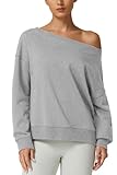 QINSEN Womens Oversized Sweatshirt Off The Shoulder Pullover Long Sleeve Sweatshirts No Hood Light Grey L