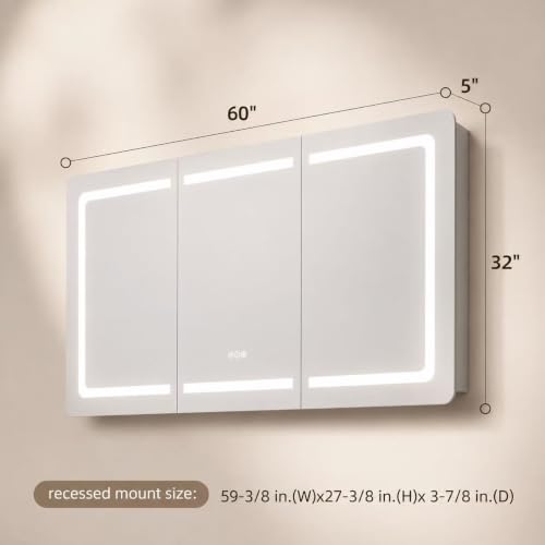 Armario-espejo LED para baño de 60" x 32", 3 puertas | Montaje en pared o empotrado, iluminación regulable frontal y función antivaho, estantes ajustables, diseño moderno en aluminio miniatura 2