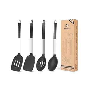 Pack of 4 Silicone Cooking Utensils Set, Non Stick Large Solid Spatulas, Heat Resistant Black Slotted Spoons, Ideal BPA Free Kitchen Turners for Frying, Mixing,Serving,Draining,Turning,Stirring