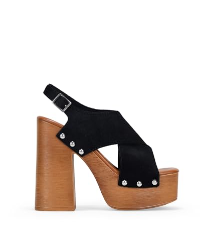 BOSANOVA Sandalias de Mujer en Serraje Piel Color Negro con Dos Tiras Cruzadas y tacón XXL Efecto Madera con Detalle de tachas metálicas. Cierre con Hebilla. Calzado para Mujer Negro 38