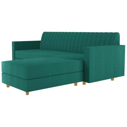 Image of Rosebell 3 + 1 Wooden 4 Seater L Shape Velvet Sofa Set | Convertible Modular Sectional Couch for Living Room | Space-Saving Design for Home & Office Guest Room- Green Color